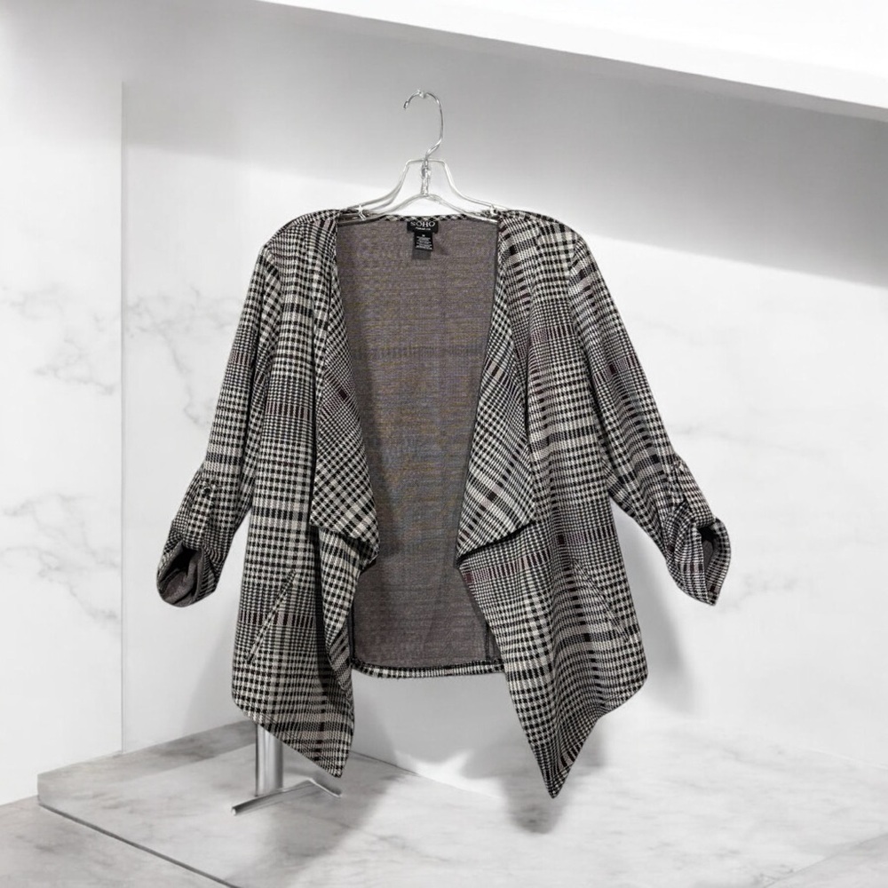 SOHO Apparel Ltd, Black & White Plaid Open Front Jacket, Medium